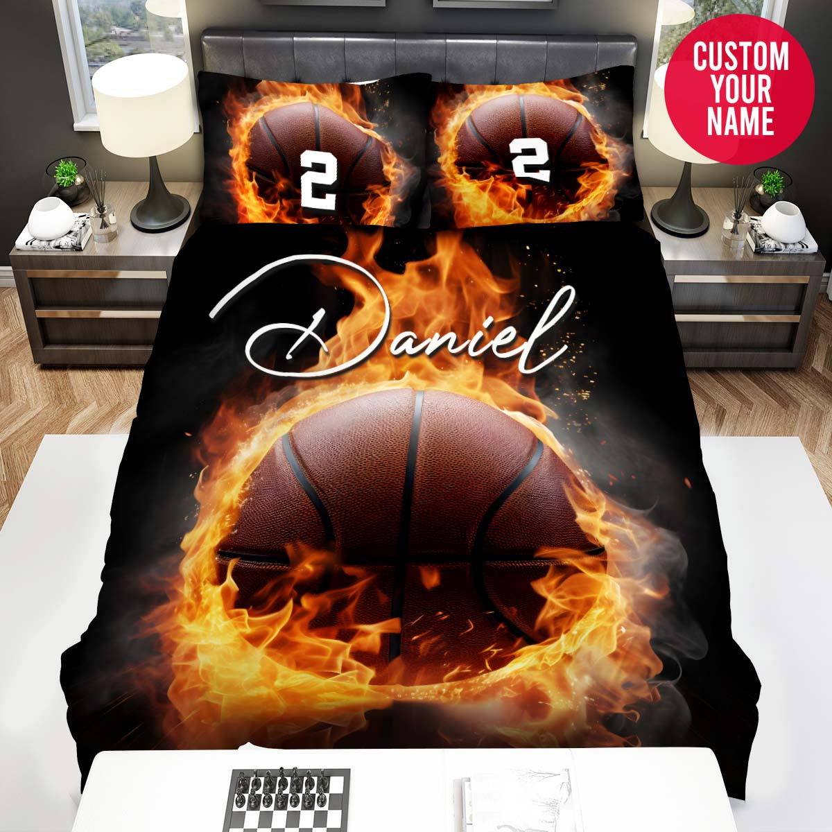 BlueJose Personalized Basketball With Fire Close-Up Custom Name Duvet Cover Bedding Set