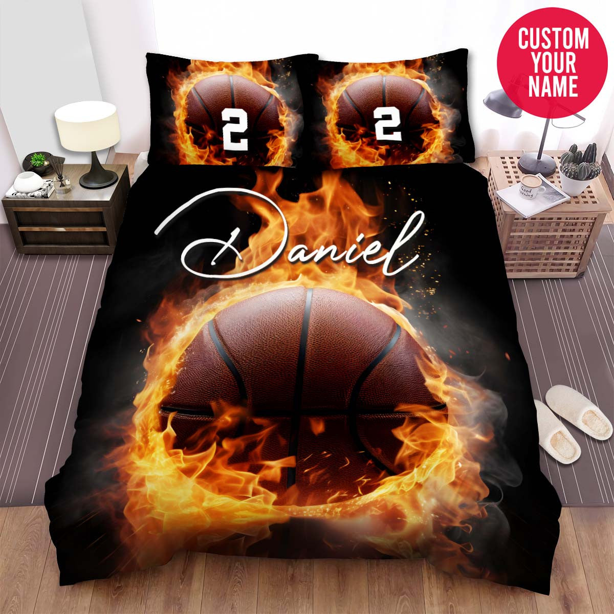 BlueJose Personalized Basketball With Fire Close-Up Custom Name Duvet Cover Bedding Set