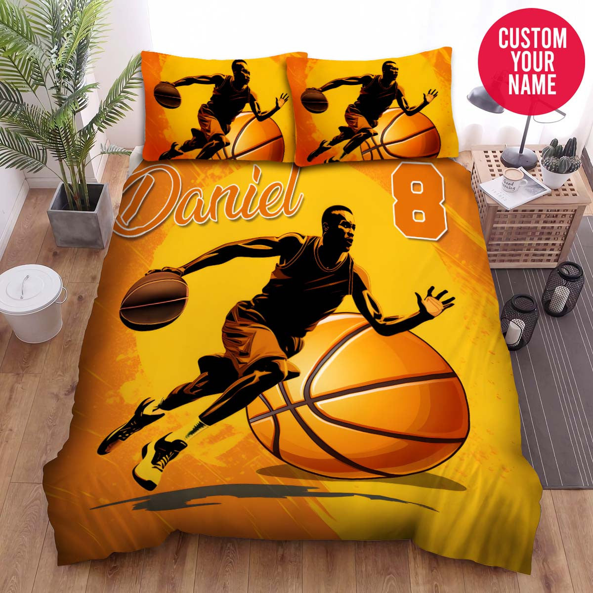 BlueJose Personalized Basketball Player Orange Background Custom Name Duvet Cover Bedding Set