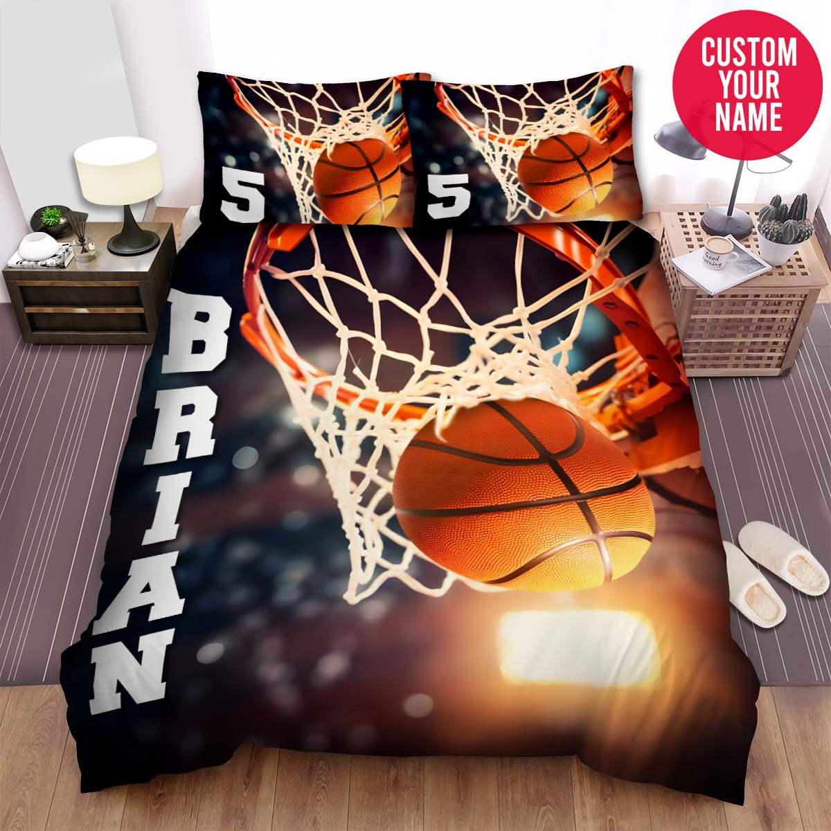 BlueJose Personalized Basketball Close-Up Ball Through Hoop Custom Name Duvet Cover Bedding Set