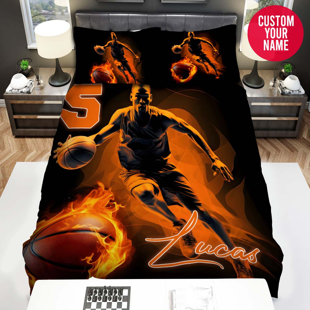 BlueJose Personalized Basketball Player With Fireball Custom Name Duvet Cover Bedding Set