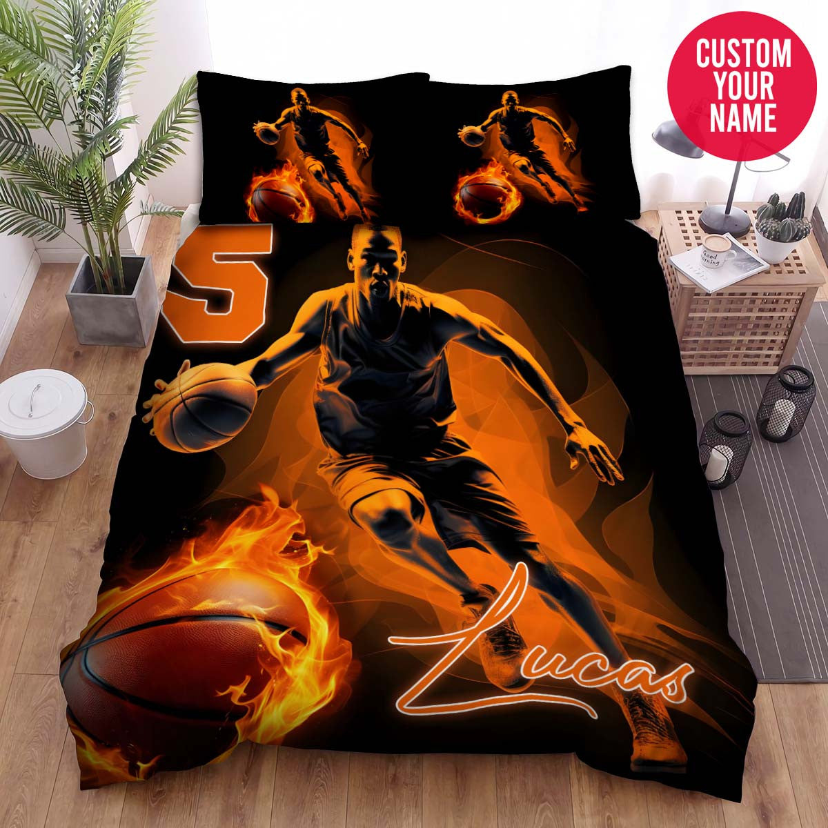 BlueJose Personalized Basketball Player With Fireball Custom Name Duvet Cover Bedding Set