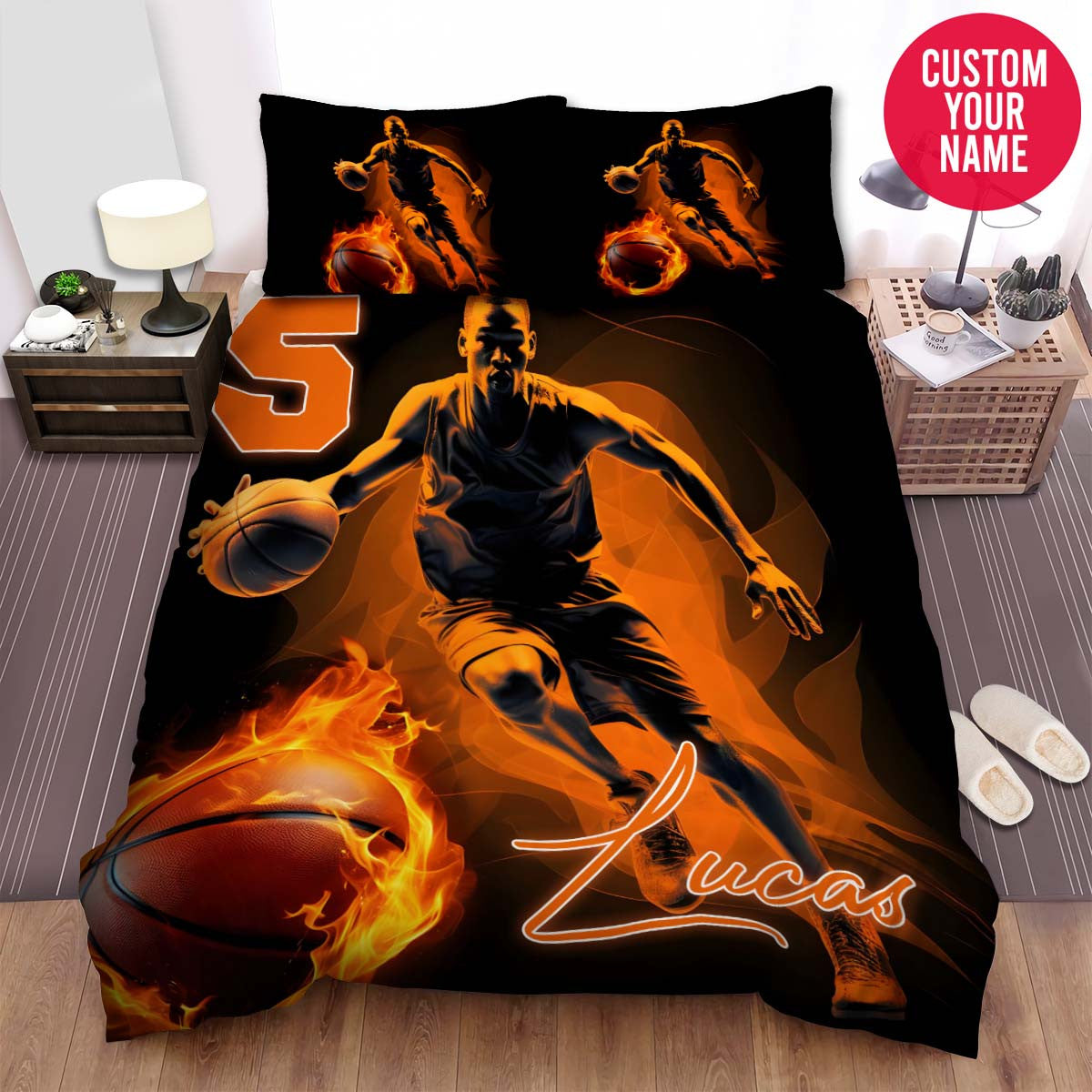 BlueJose Personalized Basketball Player With Fireball Custom Name Duvet Cover Bedding Set