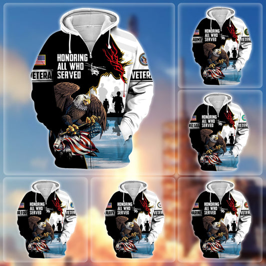 BlueJose Premium Honoring All Who Served US Veteran Zip Hoodie