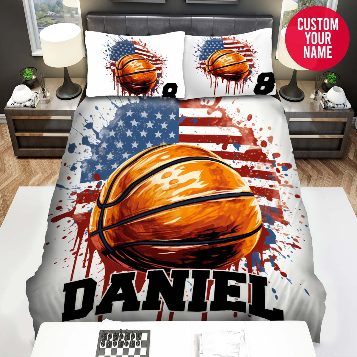 BlueJose Personalized Basketball Ball Drawing With American Flag Custom Name Duvet Cover Bedding Set