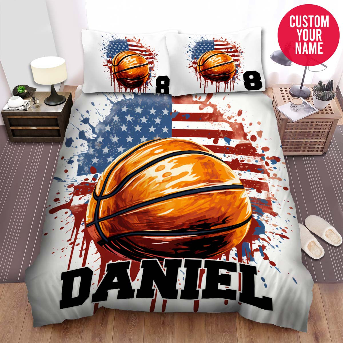 BlueJose Personalized Basketball Ball Drawing With American Flag Custom Name Duvet Cover Bedding Set