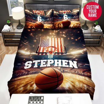 BlueJose Personalized Basketball Ball With American Flag On Stadium Duvet Cover Bedding Set