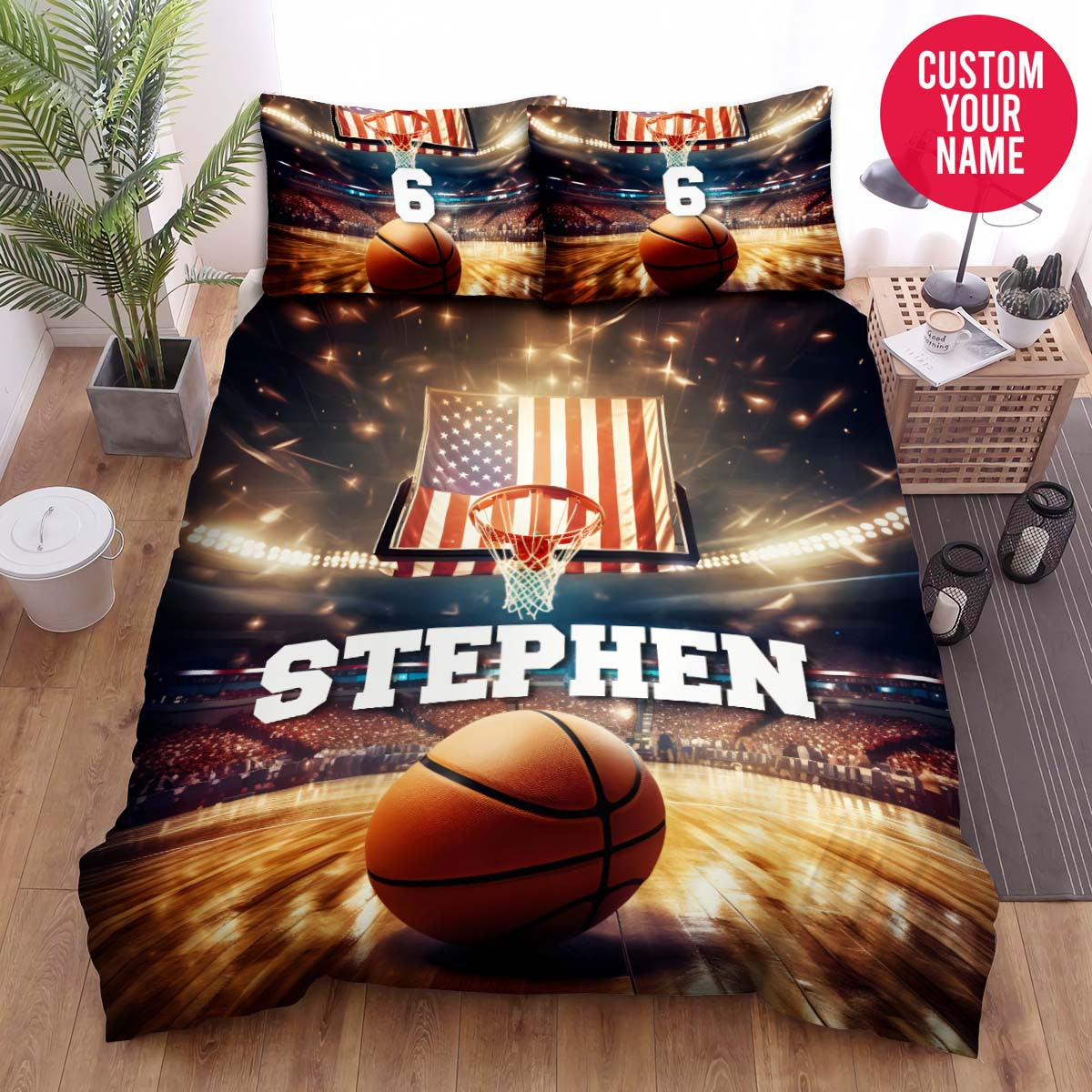 BlueJose Personalized Basketball Ball With American Flag On Stadium Duvet Cover Bedding Set