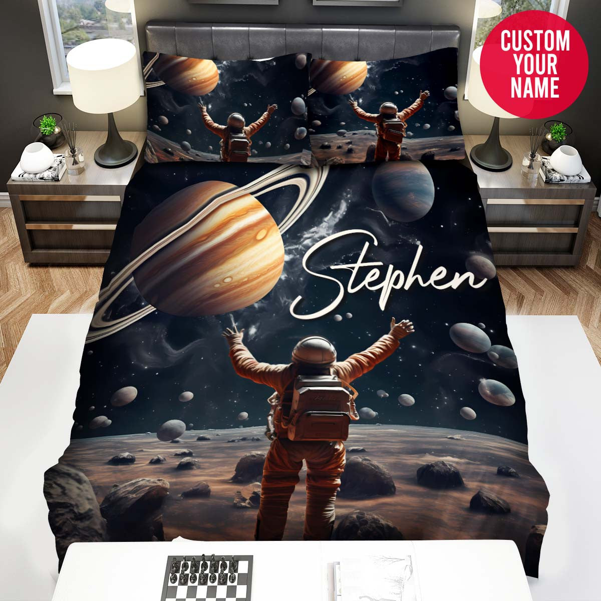 BlueJose Personalized Space Astronaut Playing Basketball With Galaxy Planet Duvet Cover Bedding Set