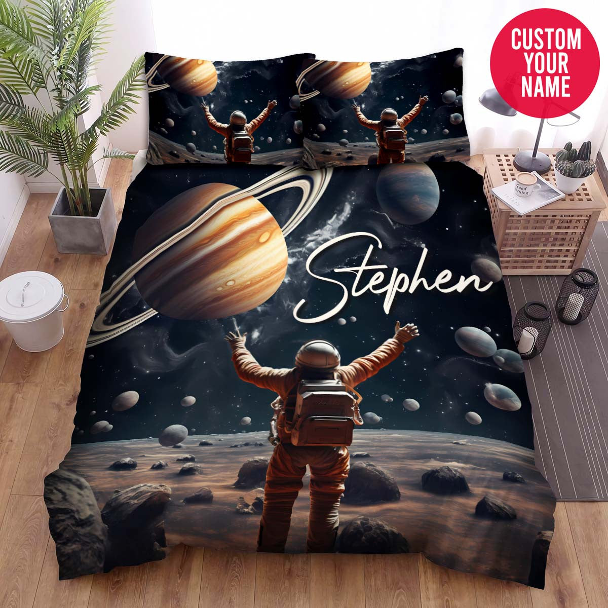 BlueJose Personalized Space Astronaut Playing Basketball With Galaxy Planet Duvet Cover Bedding Set