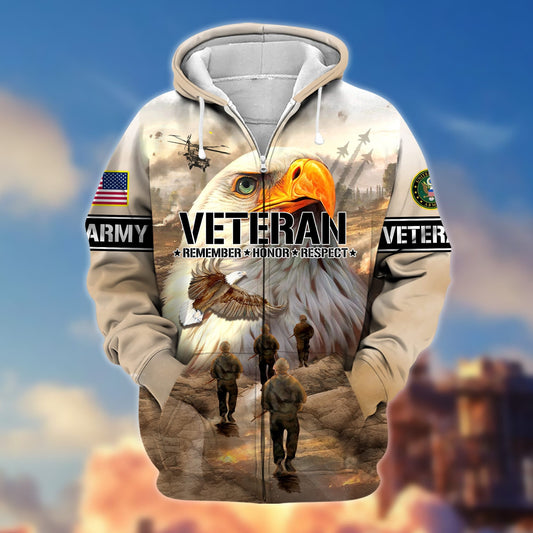 BlueJose Premium US Veteran Remember - Honor - Respect Zip Hoodie