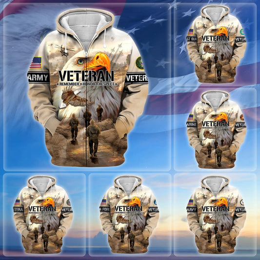 BlueJose Premium US Veteran Remember - Honor - Respect Zip Hoodie