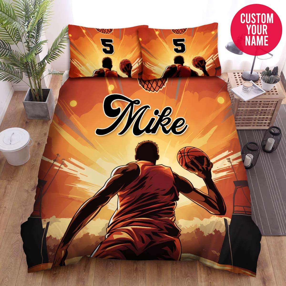 BlueJose Personalized Black Boy Playing Basketball On Court Custom Name Duvet Cover Bedding Set