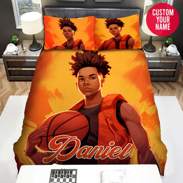 BlueJose Personalized Black Boy Hold Basketball Ball Art Custom Name Duvet Cover Bedding Set