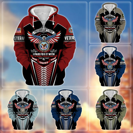 BlueJose Premium Freedom Is Not Free US Veteran Zip Hoodie