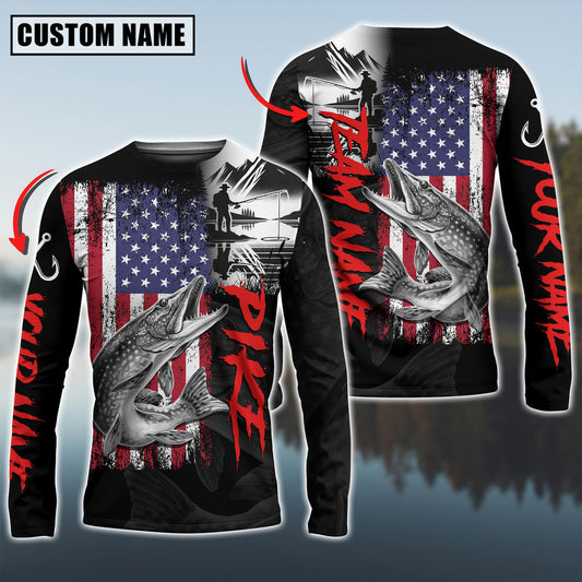 Bluejose Pike Fishing  Black US Flag Sport Custom Name & Team Name 3D Shirts