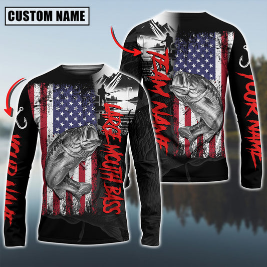 Bluejose Large Mouth Bass Fishing  Black US Flag Sport Custom Name & Team Name 3D Shirts