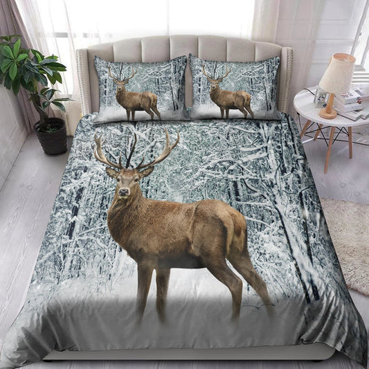 Bluejose Deer In Winter Forest Bedding Set