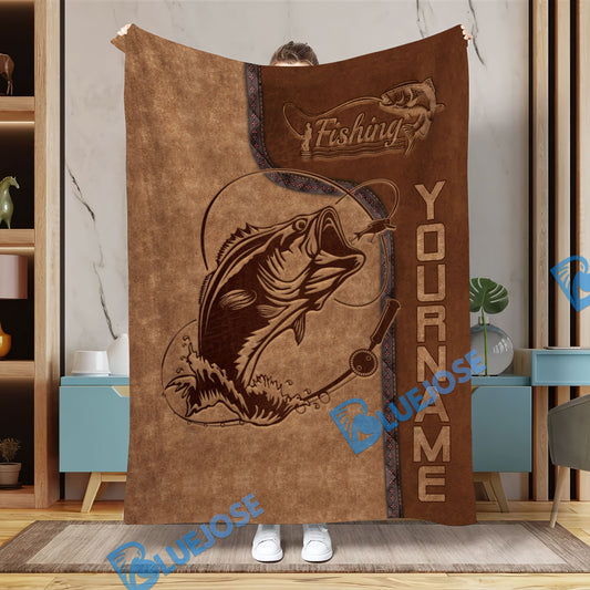 BlueJose Custom Name Big Bass Fish Fishing Blanket