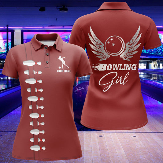 BlueJose Red Bowling Girl Beautiful Wings Premium Customized Name 3D Shirt For Women