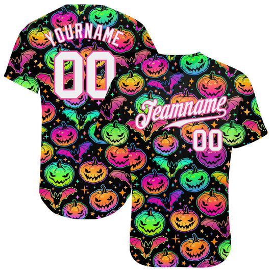 BlueJose Custom 3D Pattern Bright Multicolored Halloween Pumpkins And Bats Baseball Jersey