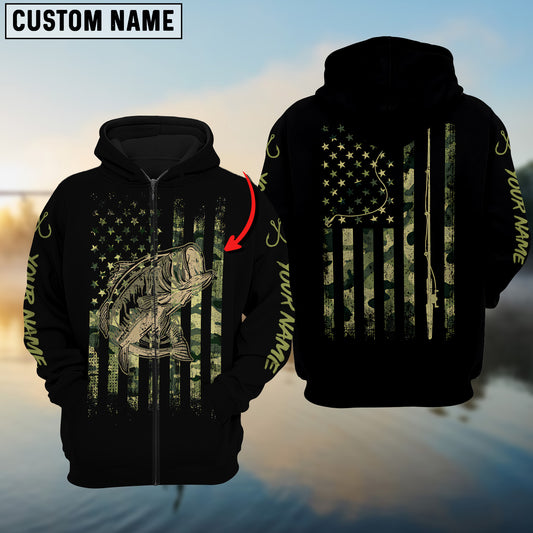 Bluejose Bass Fishing Camo American Flag Custom Long Sleeve Fishing Shirts , Personalized Patriotic Fishing Gifts