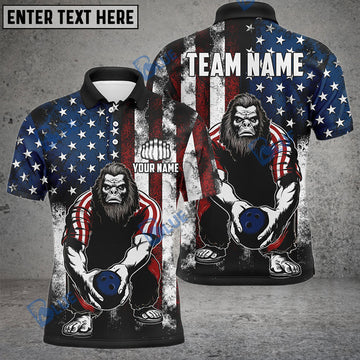 BlueJoses Bowling And Pins American Flag Bigfoot Customized Name, Team Name 3D Shirt