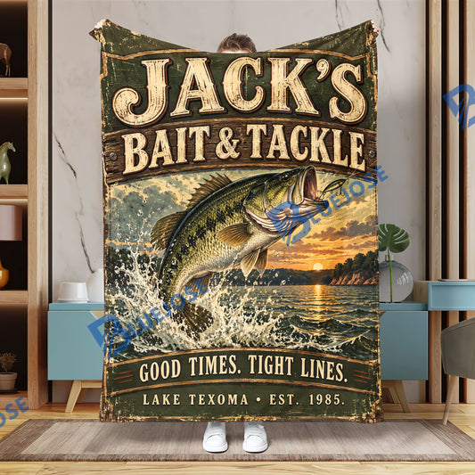 BlueJose Personalized Bait & Tackle Fishing Blanket – Custom Name and Lake