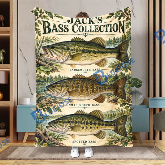 BlueJose Personalized Bass Collection Blanket – Custom Name Fishing Gift