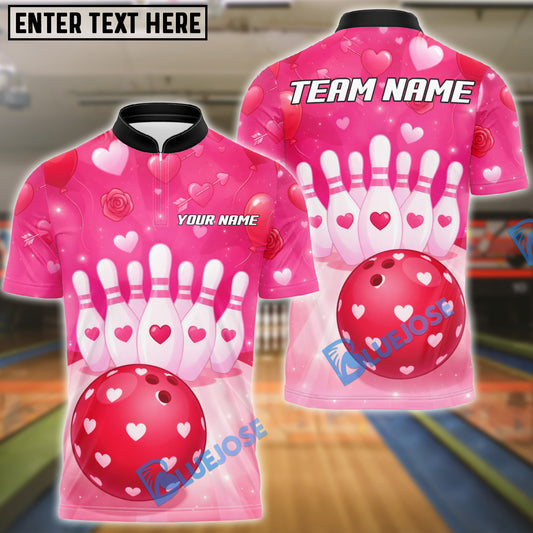 BlueJose Bowling Pink Heart Valentine Theme Design Personalized Name, Team Name 3D Shirt