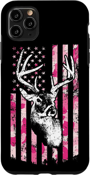 BlueJose Whitetail Buck Womens Deer Hunting Pink Camo American Flag Personalized Name Phone Case