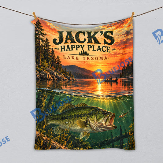 BlueJose My Happy Place – Personalized Bass Fishing Blanket with Custom Name and Lake