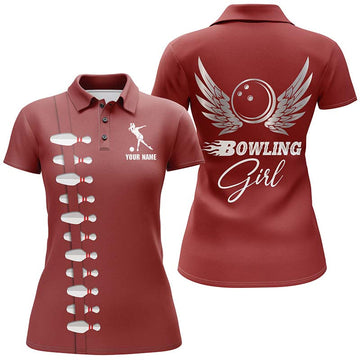 BlueJose Red Bowling Girl Beautiful Wings Premium Customized Name 3D Shirt For Women