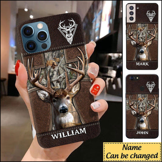 BlueJose Deer Hunting Leather Cross Personalized Name Phone Case