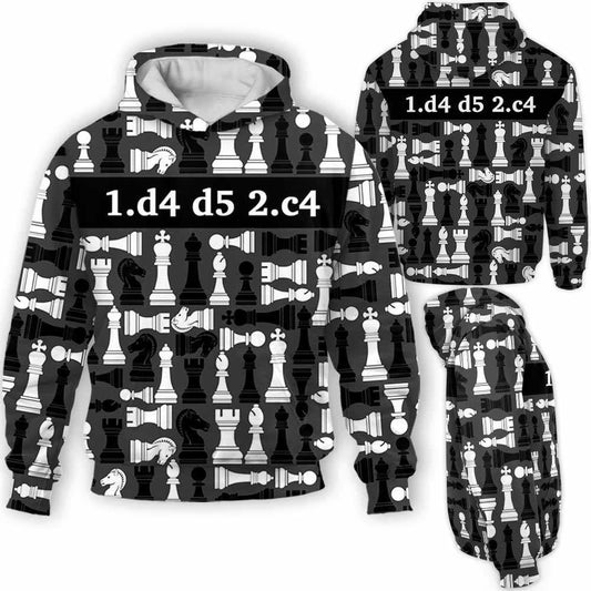 BlueJose Chess Queens Gambit Black White King Opening 3D Hoodie