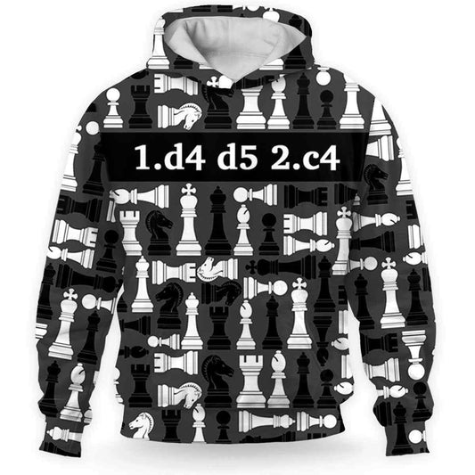 BlueJose Chess Queens Gambit Black White King Opening 3D Hoodie