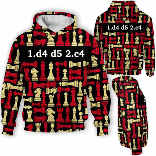 BlueJose Chess Queens Gambit Red Yellow King Opening 3D Hoodie