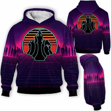 BlueJose Chess Retro Purple City Skyline King 3D Hoodie