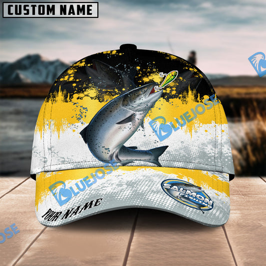 BlueJose Salmon Fishing Yellow White Sport Pattern Personalized Cap