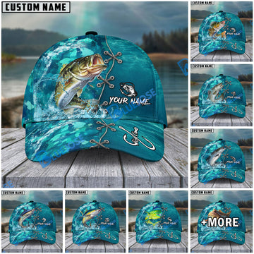 BlueJose Fishing Aqua Camouflage Lace Up Personalized Name Classic 3D Cap (13 Breeds)