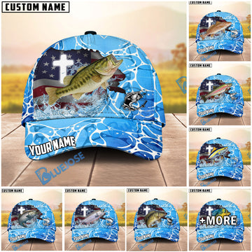 BlueJose Fishing Christian Cross Outdoorsman American Personalized Name Classic 3D Cap (13 Breeds)