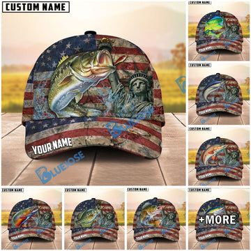 BlueJose Fishing Vintage USA Flag Statue Of Liberty Personalized Name Classic 3D Cap (13 Breeds)