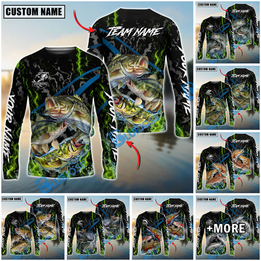 Bluejose Fishing Green Flame Grunge Camo Design Custom Name & Team Name 3D Shirts (12 Breeds)