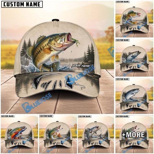 BlueJose Fishing Vintage Lake Scene Personalized Name Classic 3D Cap (13 Breeds)