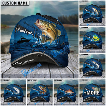 BlueJose Fishing Heartbeat Boat Scene Personalized Cap (13 Breeds)