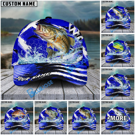 BlueJose Fishing Blue Geometric Splash Personalized Cap (13 Breeds)