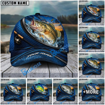 BlueJose Fishing Sunset Splash Navy Scale Reel Personalized Cap (13 Breeds)