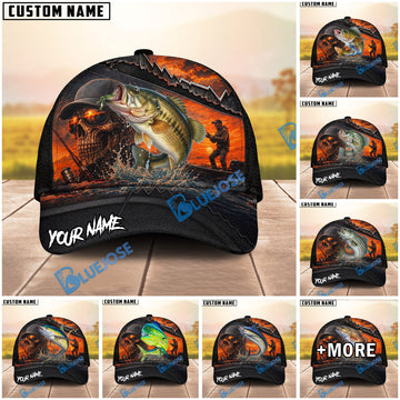 BlueJose Fishing Epic Sunset Fishing Skull with Dramatic Angler and Boat Scene Personalized Cap (13 Breeds)