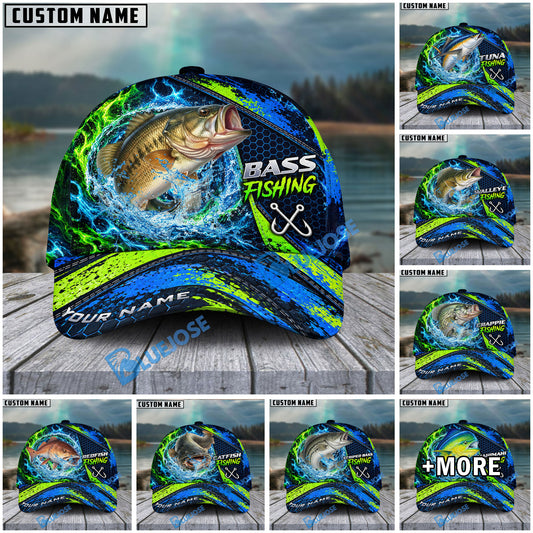 BlueJose Fishing Water Splash Green Blue Flames Fish Hooks Personalized Cap (13 Breeds)