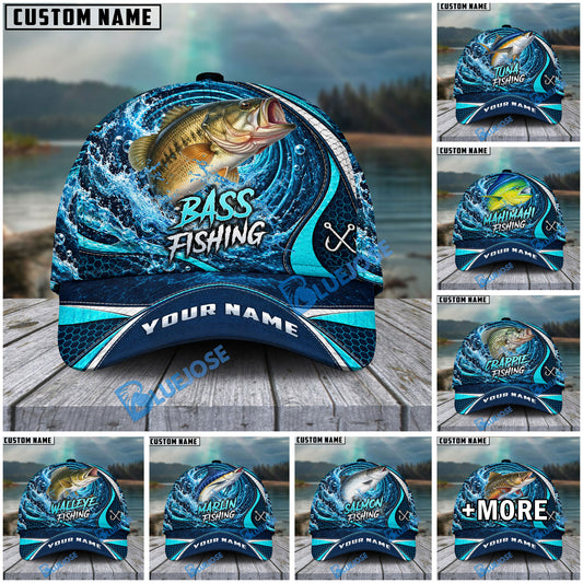 BlueJose Fishing Water Ripple Splash Swirl Blue Fish Hooks Personalized Cap (13 Breeds)